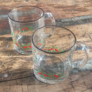 Vintage Libbey Holly Berry Gold Rim Glass Coffee Mugs Set of 2